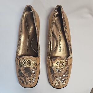 Bellini Gold/Tan Sequin Loafer Flats with Decorative Hardware